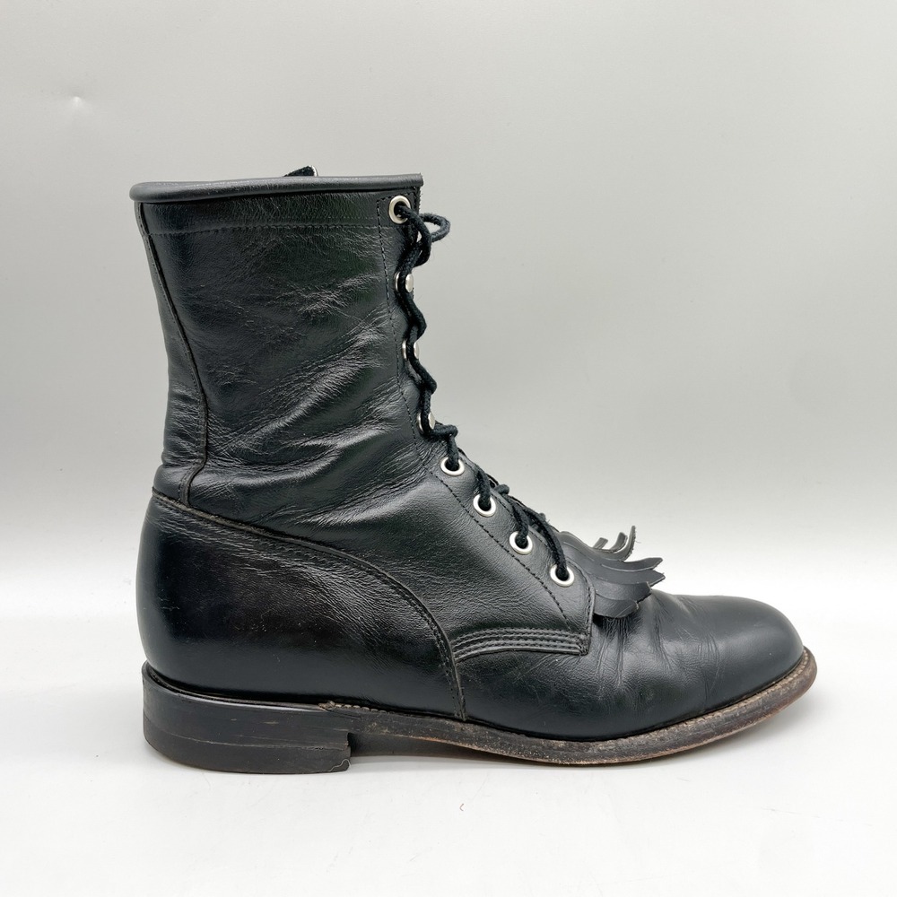 Justin Womens 7.5 B Kiltie Lace Up Western Boots Black Leather VTG Rugged 90s